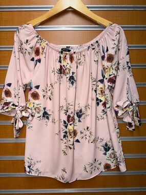 CHARLIE B Pink Floral Off-Shoulder Tie-Sleeve Tunic